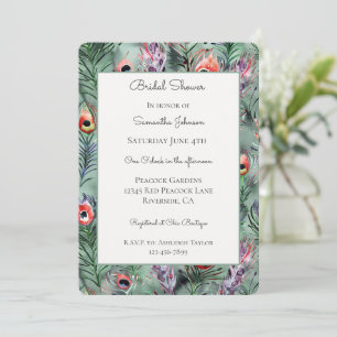 Invitación Ducha de Novia Plumas de Pavo Real Verde Rojo