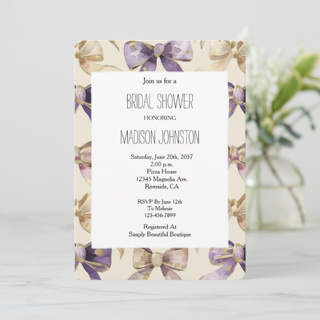 Invitación Ducha de novia Purple Gold Bows (Anverso de pie)
