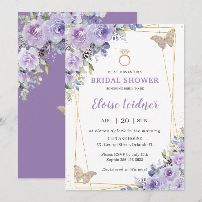 Invitación Ducha de novia Purple Lilac Floral Butterflies Rin (Anverso / Reverso)