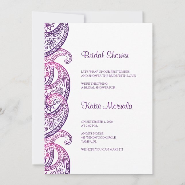 Invitación Ducha de novia púrpura y rosa india Paisley (Anverso)