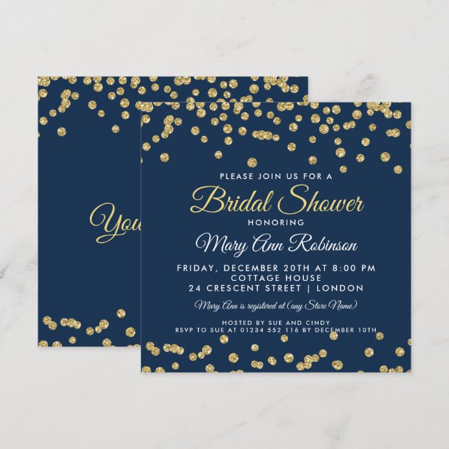 Invitación Ducha de novia Purpurina de la falsa de oro confet (Anverso / Reverso)