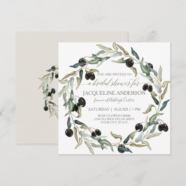 Invitación Ducha de novia Rama de oliva moderna Wreath (Anverso / Reverso)