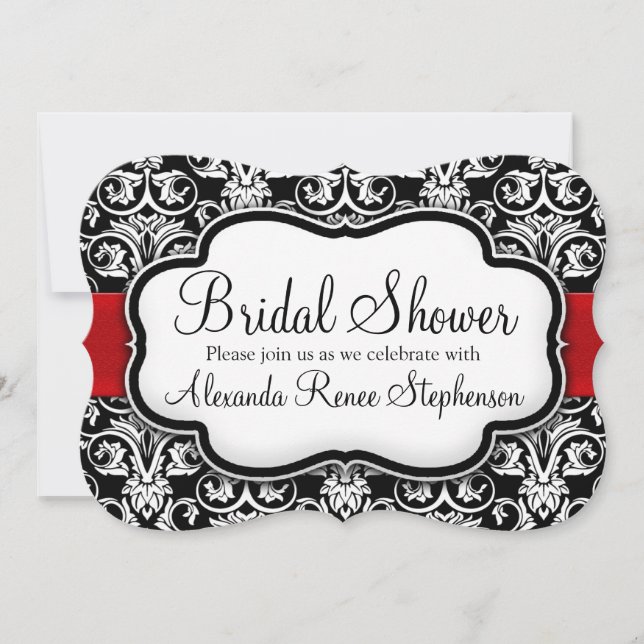 Invitación Ducha de novia redonda de Damasco negro/blanco/roj (Anverso)