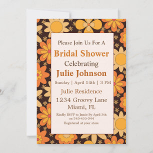 Invitación Ducha de Novia Retro Groovy Floral Naranja Amarill