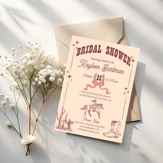 Invitación Ducha de novia retro occidental de Cowgirl (Cowgirl western retro bridal shower invitation template brown boots horse shoe bow horse vintage)