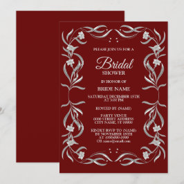 Invitación Ducha de Novia Roja con Patrón Floral de Plata Vin