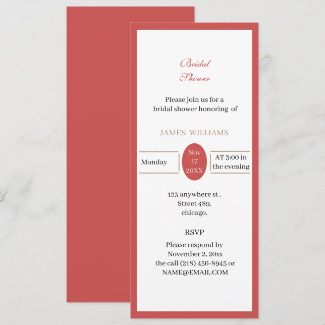 Invitación Ducha de novia roja personalizada (Anverso / Reverso)