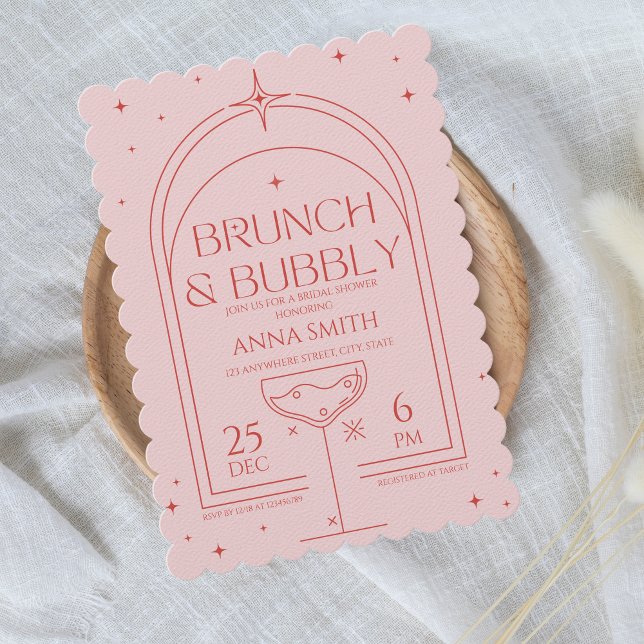 Invitación Ducha de novia roja rosada de Brunéi y burbuja ret (Brunch & Bubbly, Retro Pink and Red Wavy Bridal Shower Invitation)