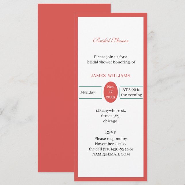 Invitación Ducha de novia roja simple personalizada (Anverso / Reverso)