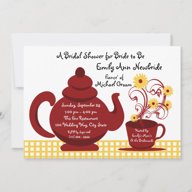 Invitación Ducha de novia roja y amarilla Fiesta de té (Anverso)