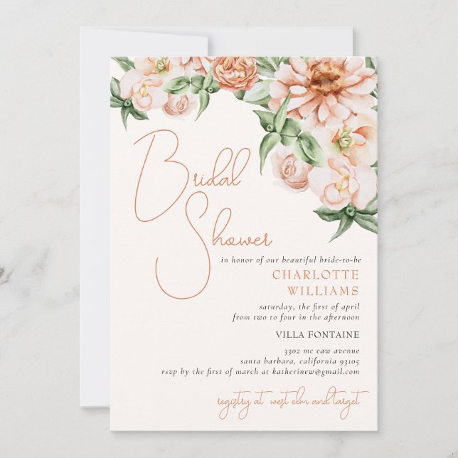 Invitación Ducha de novia romántica floral Rubor Peach (Anverso)