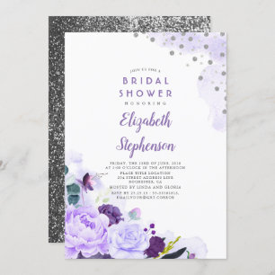 Invitación Ducha de novia romántica morada y plateada floral
