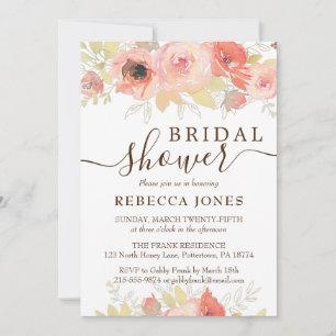Invitación Ducha de Novia Rosa Coral y Hojas de Oro