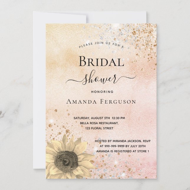 Invitación Ducha de novia rosa de girasol purpurina rústico d (Anverso)