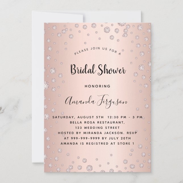 Invitación Ducha de novia rosa de oro diamantes rosa glamuros (Anverso)