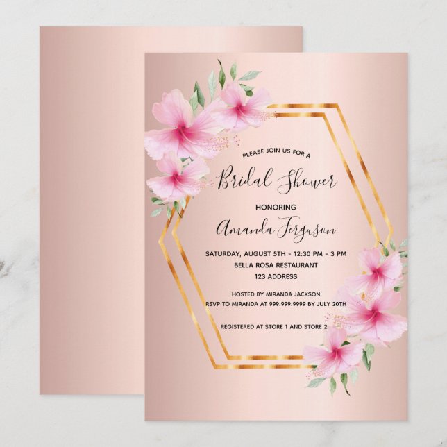Invitación Ducha de novia Rosa de oro flores rosa rubor geo (Anverso / Reverso)