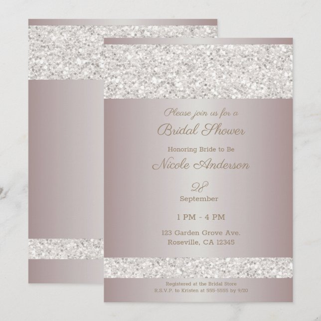 Invitación Ducha de Novia Rosa Destello Brillo Blanco (Anverso / Reverso)
