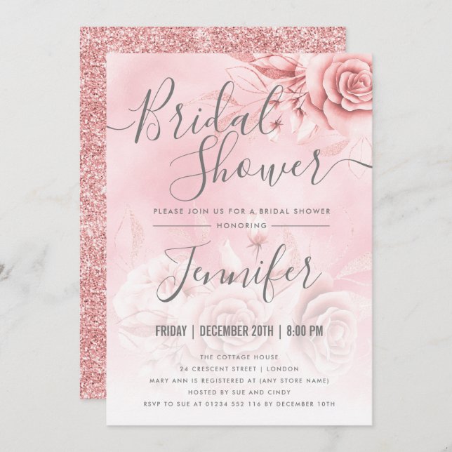 Invitación Ducha de Novia Rosa Dorado Floral Brillo Rosa (Anverso / Reverso)
