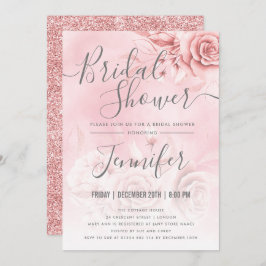 Invitación Ducha de Novia Rosa Dorado Floral Brillo Rosa