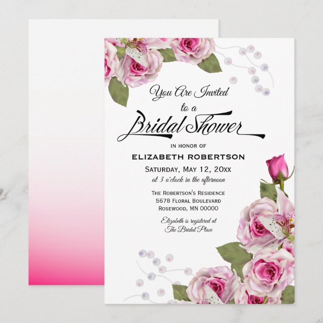 Invitación Ducha de Novia Rosa Lirio Perla Rosa (Anverso / Reverso)