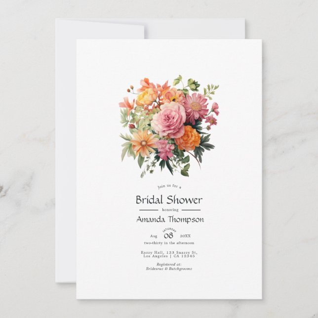 Invitación Ducha de novia rosa, Naranja y floral verde (Anverso)