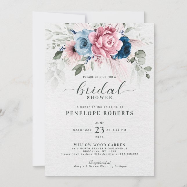 Invitación Ducha de novia rosa pastel azul de la marina de Ru (Anverso)