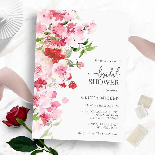Invitación Ducha de Novia Rosa Rojo Floral (Floral Red Pink Bridal Shower Invitation
)