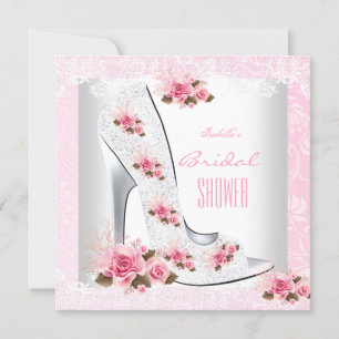 Invitación Ducha de Novia Rosa Rosa Encaje Blanco Tacón Alto