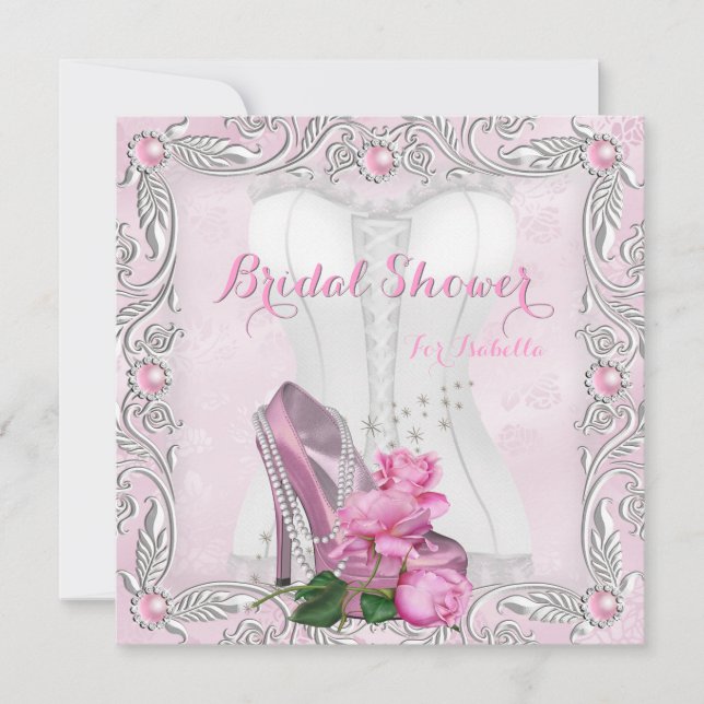 Invitación Ducha de novia Rosa Rosa Rosa Hi Heol Lace Damask  (Anverso)