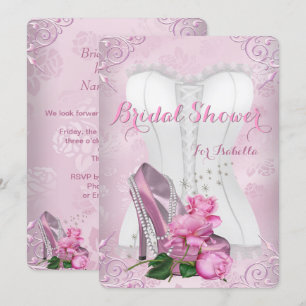 Invitación Ducha de Novia Rosa Rosa Tacón Alto Floral Damask