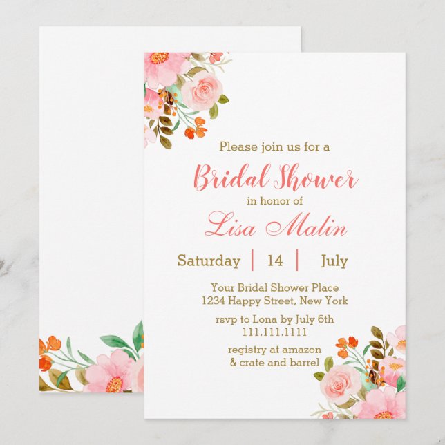 Invitación Ducha de novia rosa Rubor (Anverso / Reverso)