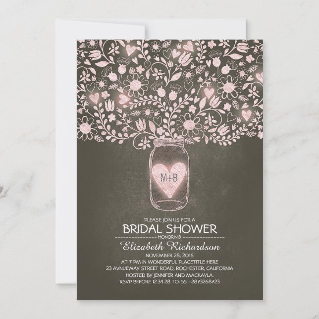 Invitación ducha de novia rosa rústica con tarro de masón con (Anverso)