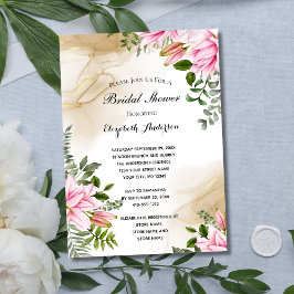 Invitación Ducha de Novia Rosa Verde Dorado Floral Elegante