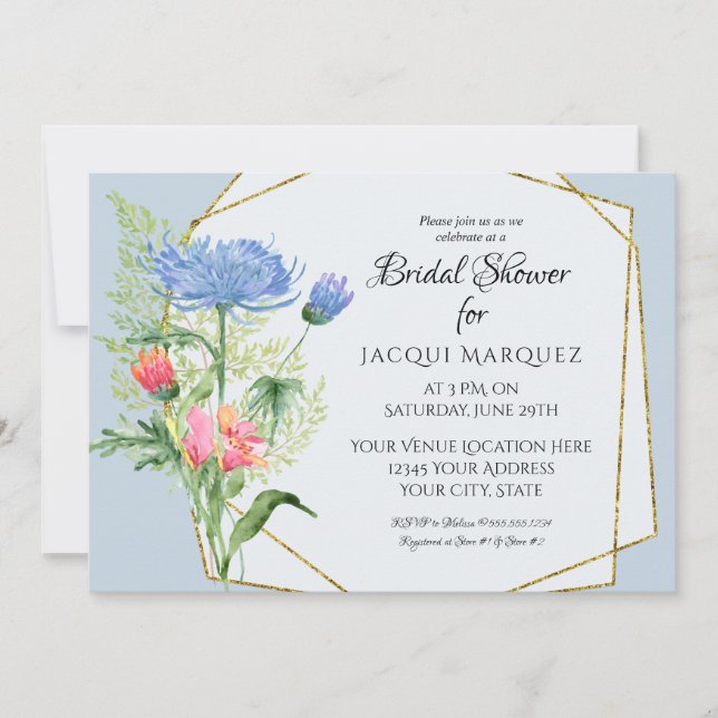 Invitación Ducha de novia rosa y azul turbio y arte floral (Anverso)