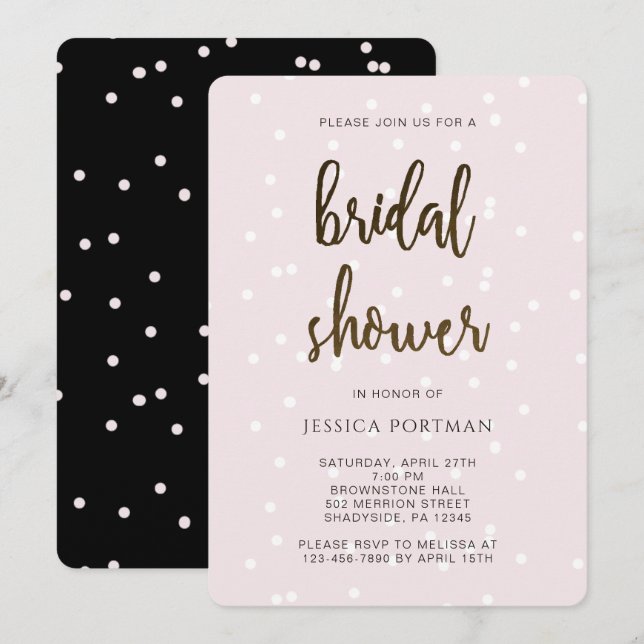 Invitación Ducha de novia rosa y negro con confetti de Bonito (Anverso / Reverso)