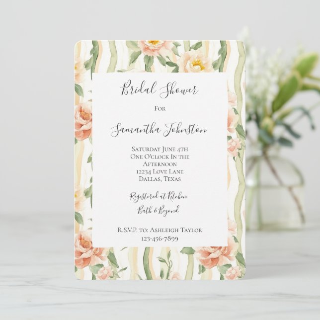 Invitación Ducha de Novia Rosas de Melocotón y Menta Rayas Fl (Anverso de pie)