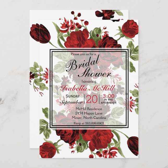 Invitación Ducha de novia - Roses rojos profundos (Anverso / Reverso)