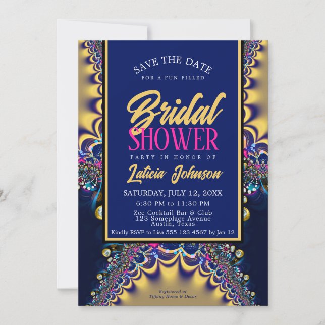Invitación Ducha de novia Royal Blue Satin Gold Lace (Anverso)