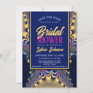 Invitación Ducha de novia Royal Blue Satin Gold Lace