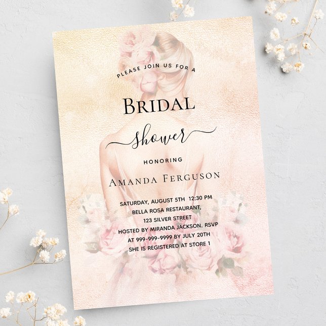 Invitación Ducha de novia rubia novia rosa de oro lujo (Subido por el creador)