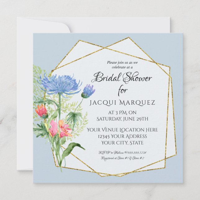Invitación Ducha de novia Rubor rosa y azul turbio floral de  (Anverso)