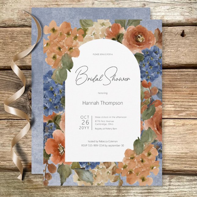 Invitación Ducha de novia ruidosa con flores azules y de roya (Rustic Blue & Rust Floral Bridal Shower Invitation)