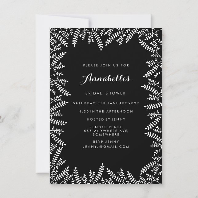 Invitación Ducha de novia rusa hojas negras y blancas (Anverso)