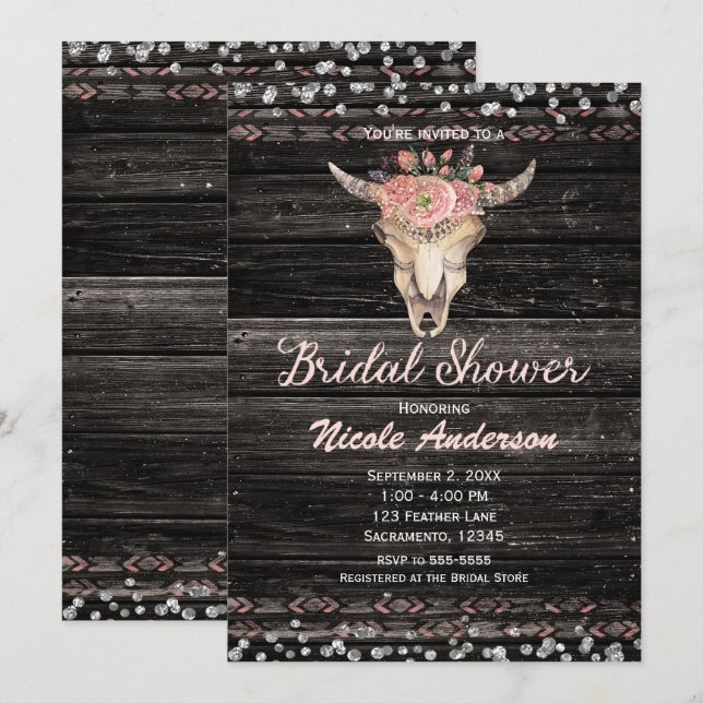 Invitación Ducha de Novia Rústica Boho Floral Calavera Platea (Anverso / Reverso)