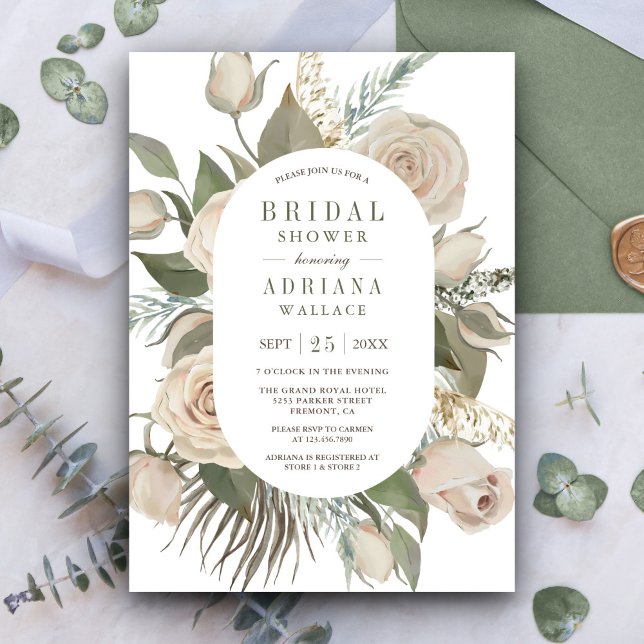 Invitación Ducha de Novia Rústica Boho Rosas de Marfil Verde  (Subido por el creador)