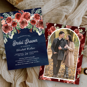Invitación Ducha de Novia Rústica Floral Marsala Foto Azul Ma