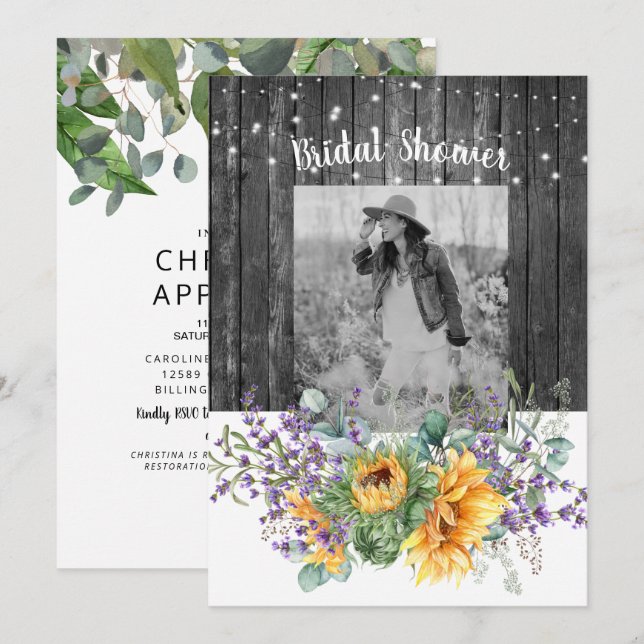 Invitación Ducha de Novia Rústica Girasol Lavanda (Anverso / Reverso)