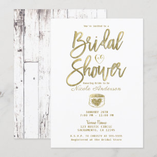 Invitación Ducha de Novia Rústica Madera Blanca Dorada Graner