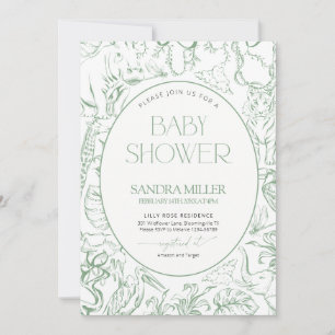 Invitación Ducha de novia Safari Verde Salvia Toile de Jouy