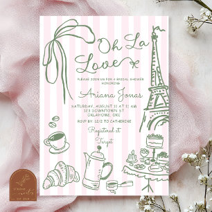 Invitación Ducha de Novia Sage Pink Stripe Paris Oh La Love